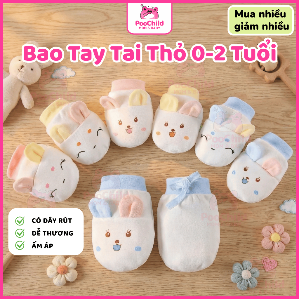Bao tay cho bé sơ sinh đến 2 tuổi DOTINI, bao tay cotton dây rút chống cào xước dễ thương cho bé