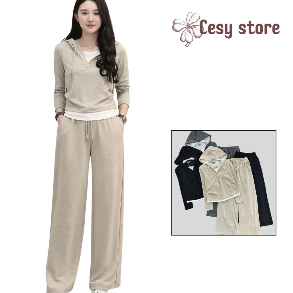 Set bộ dài tay Cesy, bộ quần áo thu đông mix viền trắng chất liệu len lông thỏ 336