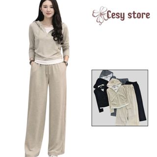 Set bộ dài tay Cesy, bộ quần áo thu đông mix viền trắng chất liệu len lông thỏ 336