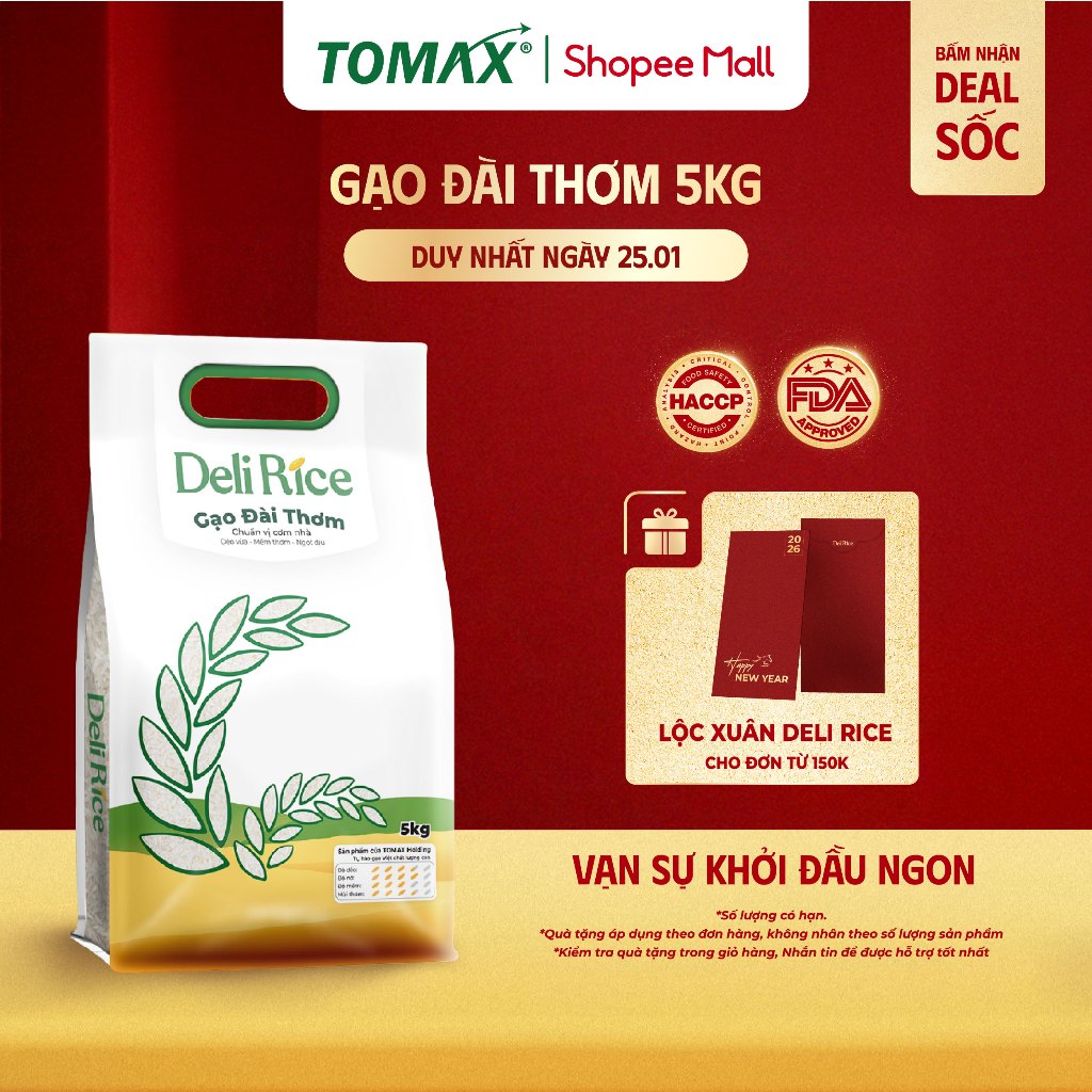 [TẾT 2026] Gạo Đài Thơm Deli Rice Túi 1kg & 5kg Dẻo Mềm, Thơm Ngon Tự Nhiên – TOMAX (Tặng Tập Bao Lì
