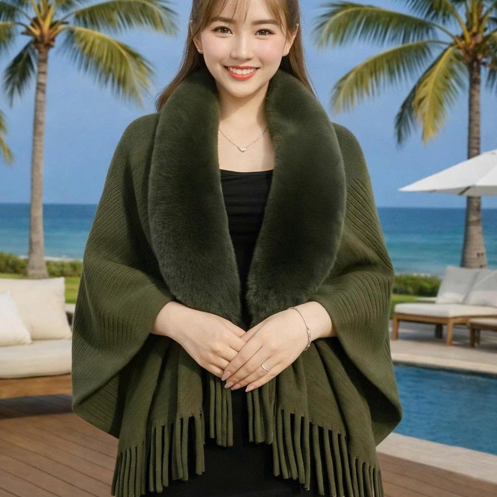 Áo Khoác Len Choàng Cổ Lông Nữ Sang Trọng, áo choàng , áo khoác mùa đông , áo len nữ, Mã DG60