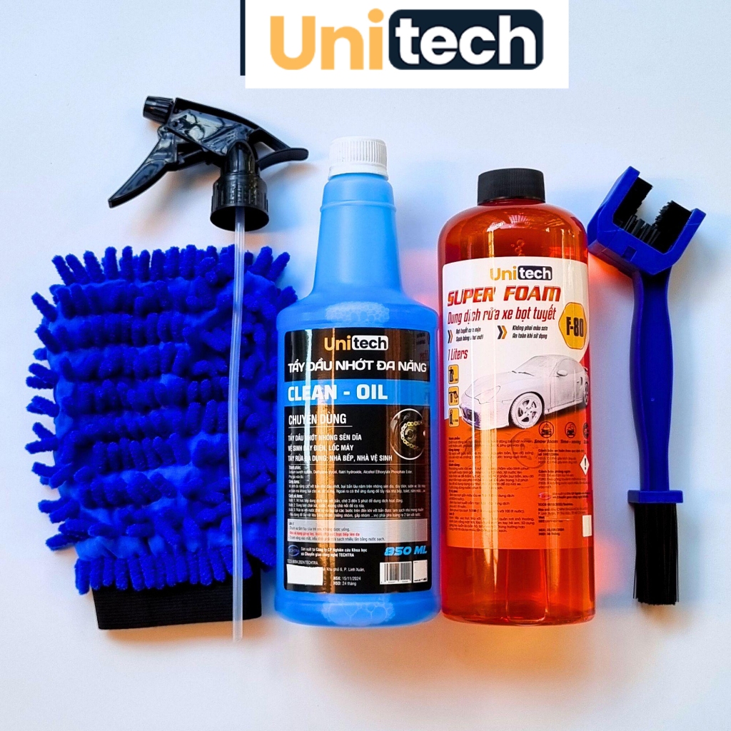 Combo 5 món Rửa Sên & Rửa Xe UNITECH (Tẩy nhớt 850ml + xà bông 1 lít + cọ sên + găng tay + vòi xịt)