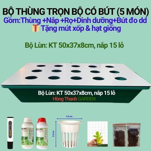 Bộ thùng thuỷ canh lùn đa năng nắp 15 lỗ và phụ kiện lẻ (nắp, rọ, dinh dưỡng,bút đo dd)