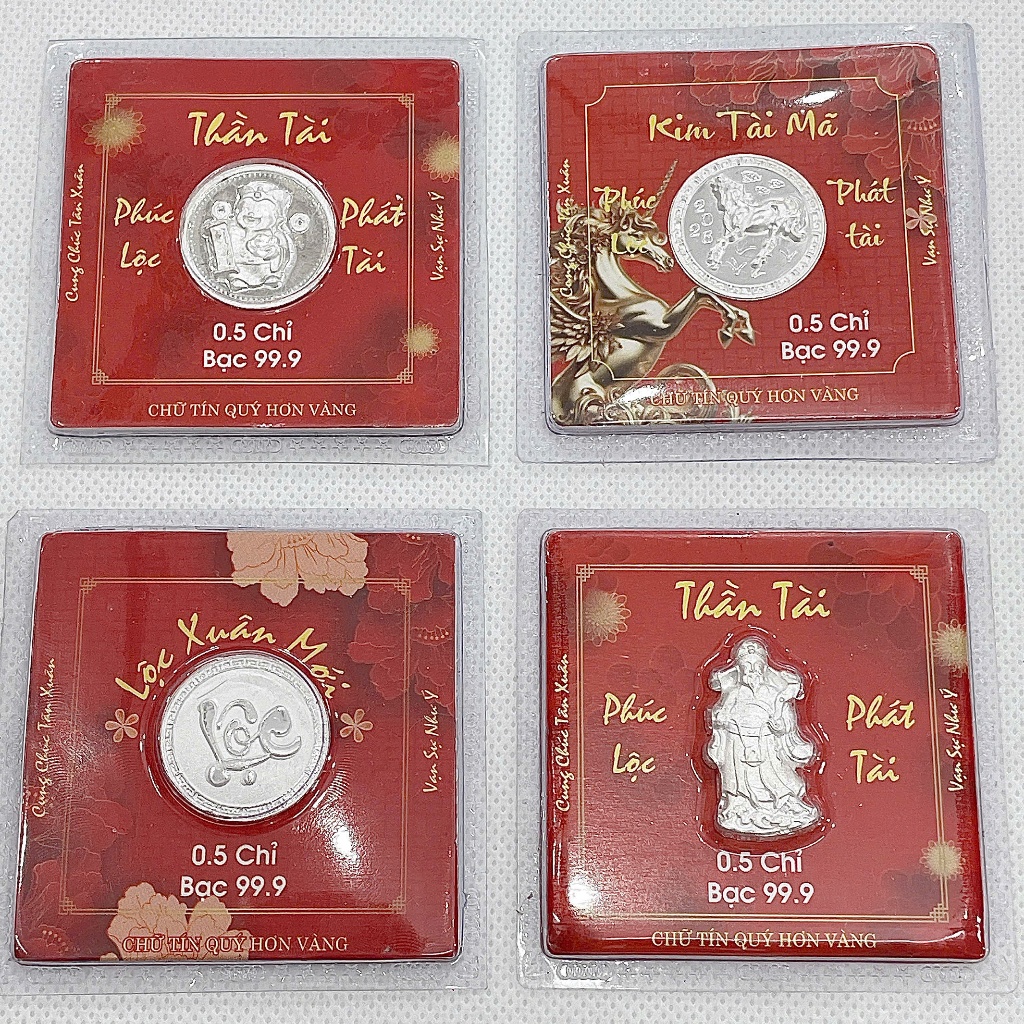 Vỉ bạc  ÔngThần Tài, chữ Lộc, Kim Tài Mã bạc S999 làm quà tặng, tích sản Minh Tâm Jewelry