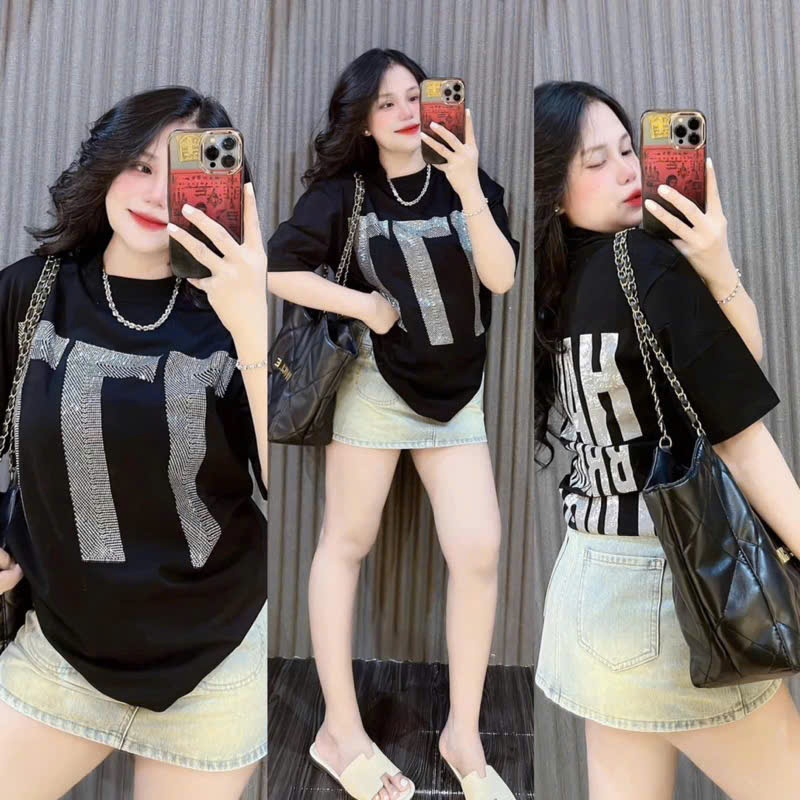 Áo thun nữ " 777 " Áo phông nữ form rộng , cổ tròn hai màu đen , hồng sen