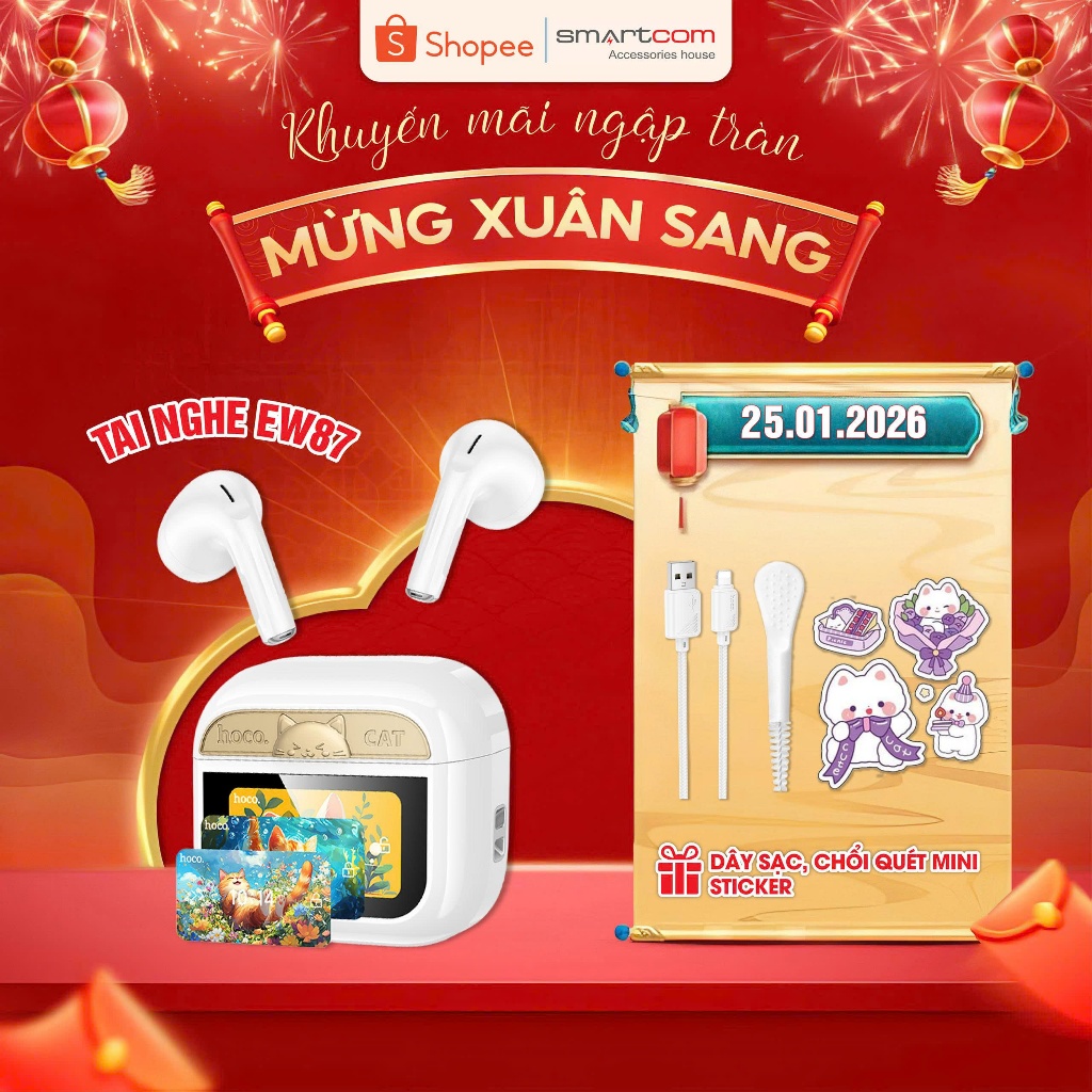 Tai nghe nhét tai Hoco EW88 logo Mèo cute có màn hình cảm ứng đa chức năng - Tai nghe bluetooth chín