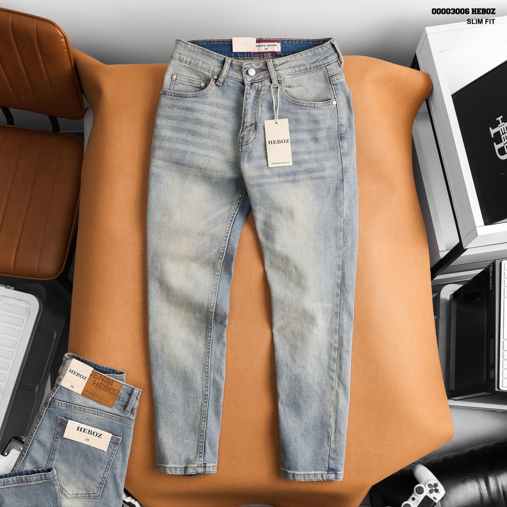 Quần jean nam Heboz dáng slim trơn D100, quần dài denim trơn cao cấp - 00003006