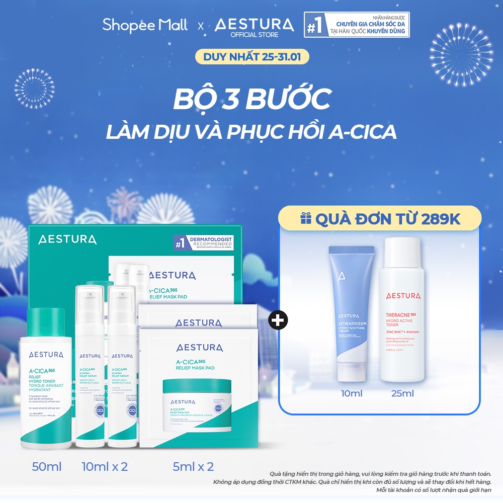 Bộ Sản phẩm 3 bước làm dịu & phục hồi da AESTURA 3-STEP RELIEF FOR SENSITIVE SKIN (Toner 50ml x Seru