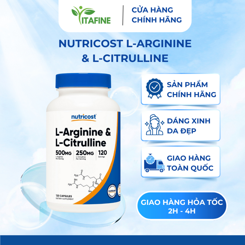 Nutricost L-Arginine & L-Citrulline 500mg/250mg – Hỗ trợ vận động & thể lực, giảm huyết áp