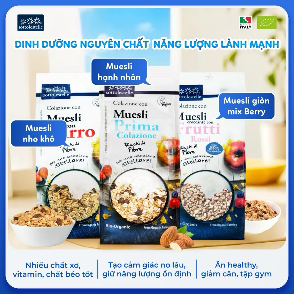 Ngũ Cốc dinh dưỡng Muesli hữu cơ Sottolestelle. Gói 350g