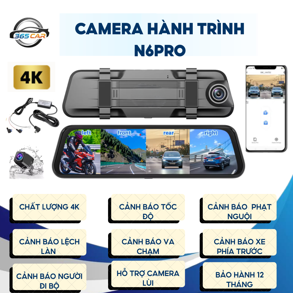 Camera Hành Trình Gương N6PRO CARLOVER GPS 4K Siêu Nét – Cảnh Báo Tốc Độ, Cảnh Báo Va Chạm ADAS | BH
