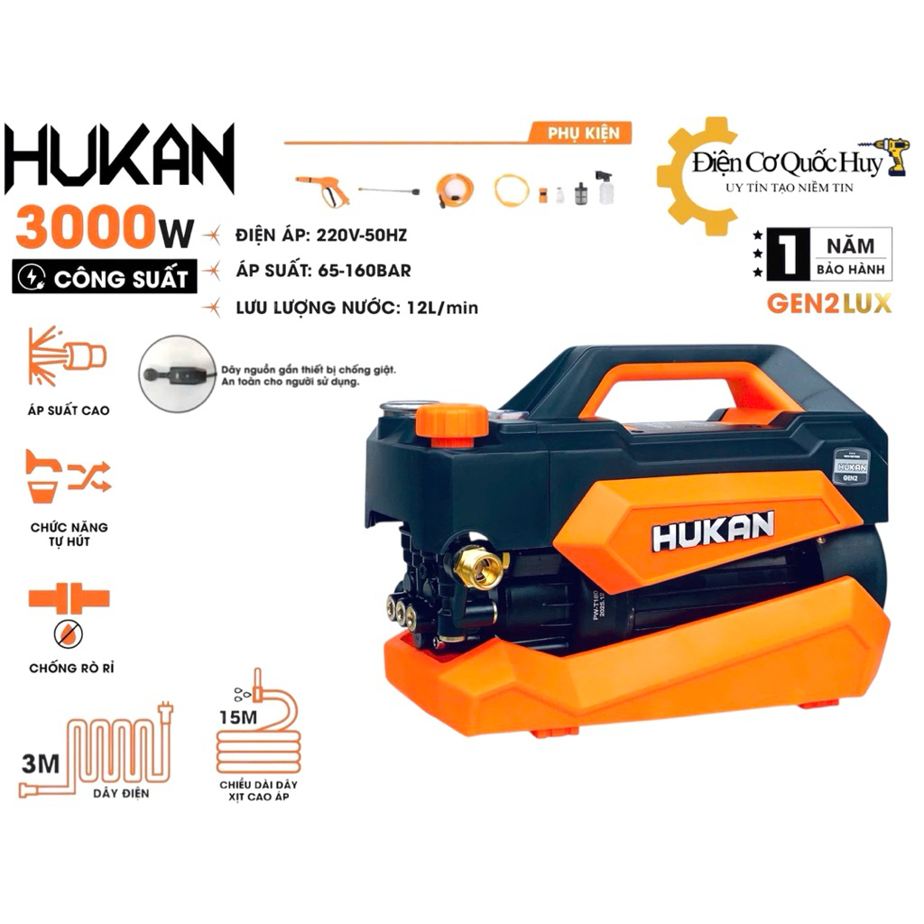 Máy rửa xe Hukan-R6 Gen2 lux công suất 3000w có chỉnh áp tặng dây xịt 15m trang bị công tắt chống gi