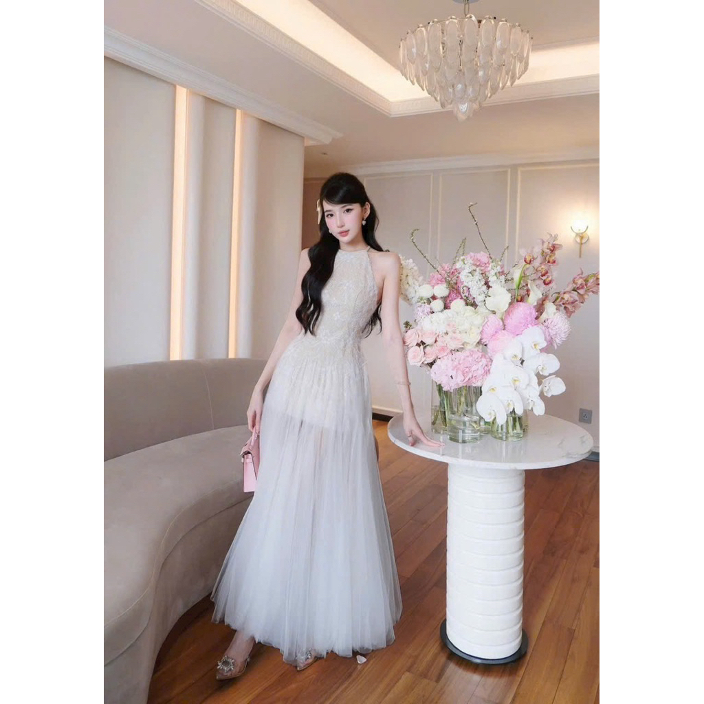 Đầm dự tiệc cổ yếm ren hoa phối lưới xòe bồng RUNAM Dress (ko cườm cố)