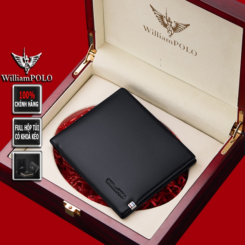 Ví nam cao cấp Full hộp hàng hiệu WilliamPOLO có khóa kéo chất liệu da Bò nguyên tấm - POLO 201500-L