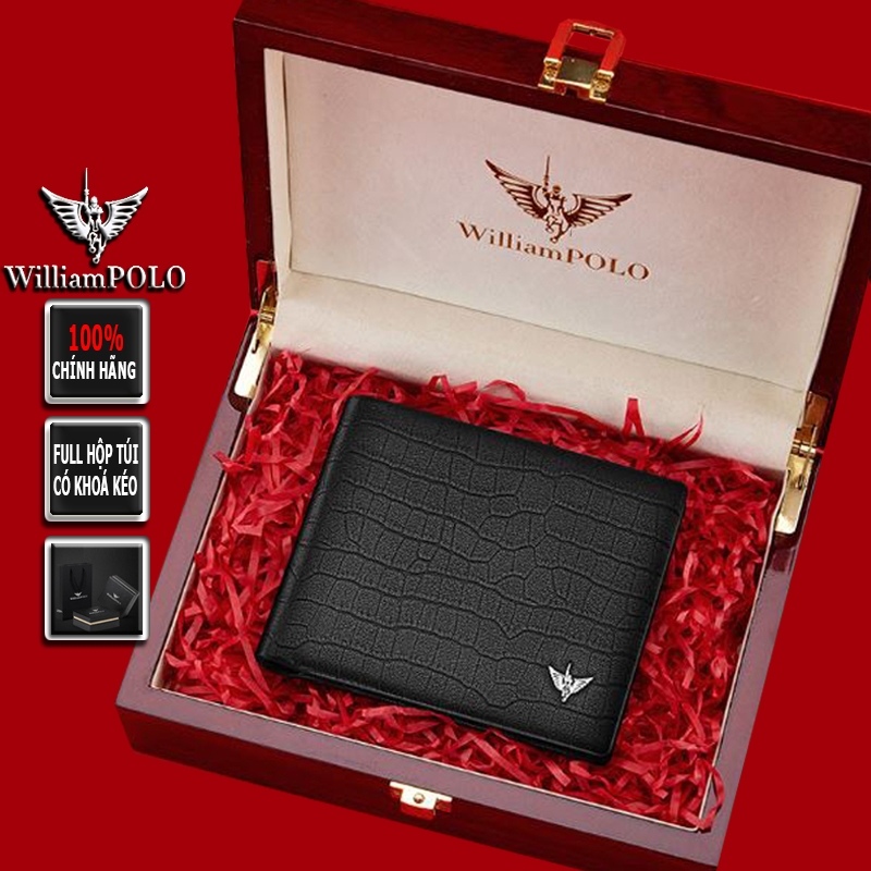 Ví nam cao cấp Full hộp hàng hiệu WilliamPOLO có KHÓA kéo chất liệu da bò - POLO 211553-L
