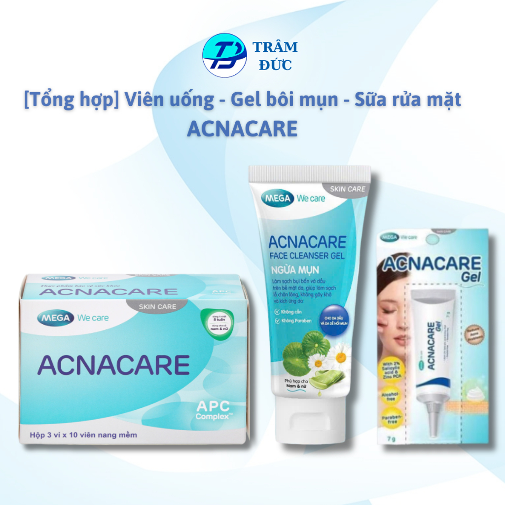 ACNACARE [Tổng hợp] Viên Uống, Gel bôi, gel rửa mặt dịu nhẹ làm sạch da dầu Acnacare