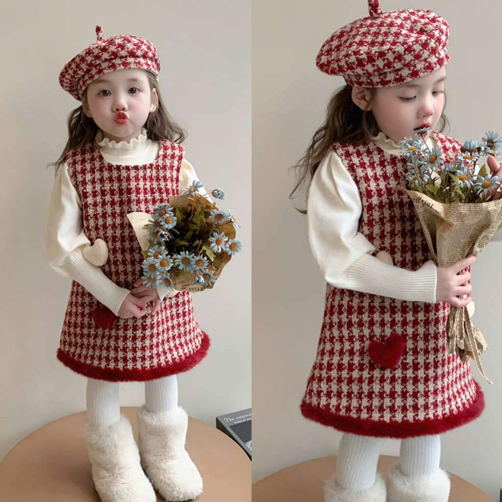 (HÀNG SẴN) Sét Váy Bé Gái 3 chi tiết Cherry Coco Kẻ Đỏ Trái Tim (26Coco11)