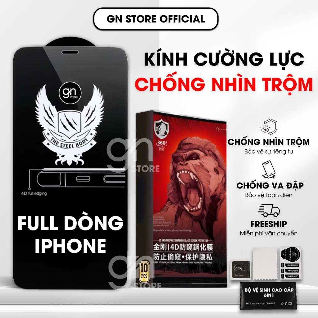 Kính cường lực chống nhìn trộm cho iPhone 17 Promax 16/15/14/13/12/11 Promax/Plus/Mini/Xs/Xr full màn - GN STORE [𝐂𝐍𝐓]