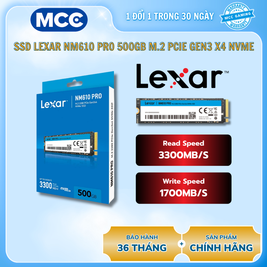 SSD Lexar NM610 PRO 500GB M.2 PCIe Gen3 x4 NVMe ( Đọc 3300 MB/s - Ghi 1700 MB/s )