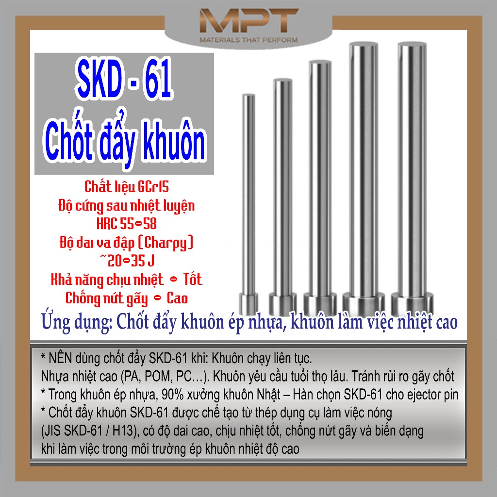 Chốt Đẩy Khuôn SKD61 Thép GCR15 Nhiệt Luyện Toàn Cứng | Ejector Pin Khuôn Ép Nhựa | Chịu Mài Mòn Cao