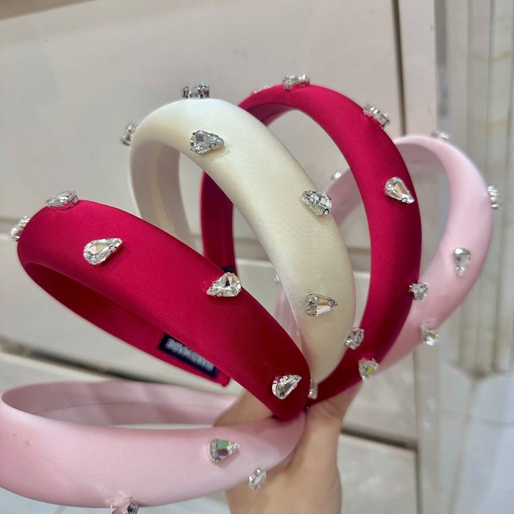 CX05 Cài tóc nữ băng đô vải Satin cài xốp nữ đính đá trắng hình giọt nước siêu sang