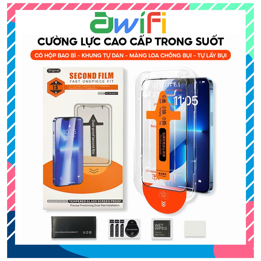 Kính Cường Lực iPhone Magic Tự Dán Tự Hút Bụi Trong Suôt Hộp Cam 6/7P/8P/X/XS/XR/11/12/13/14/15/16/17Pro/Max- Awifi T3-4