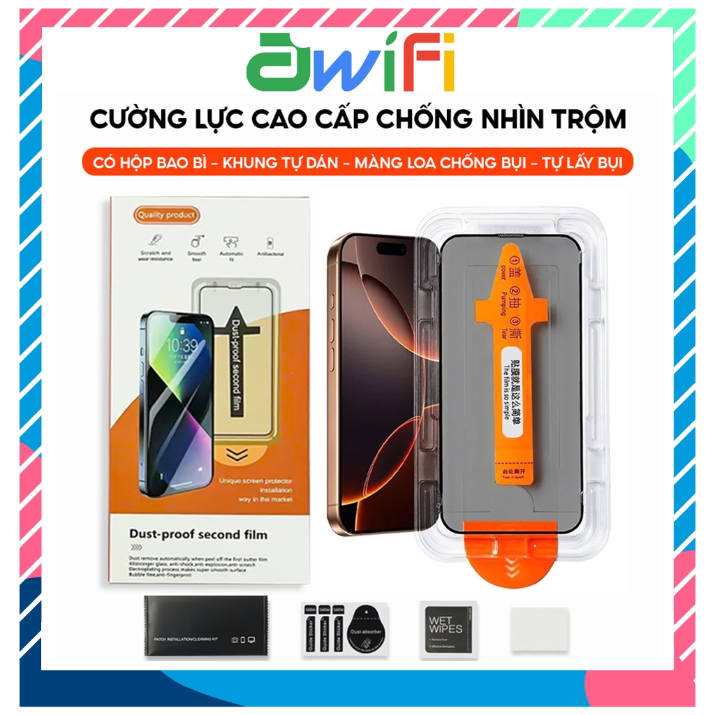 Kính Cường Lực iPhone Magic Tự Dán Tự Hút Bụi Chống Nhìn Trộm Hộp Cam X/XS/XR/11/12/13/14/15/16/17Pr