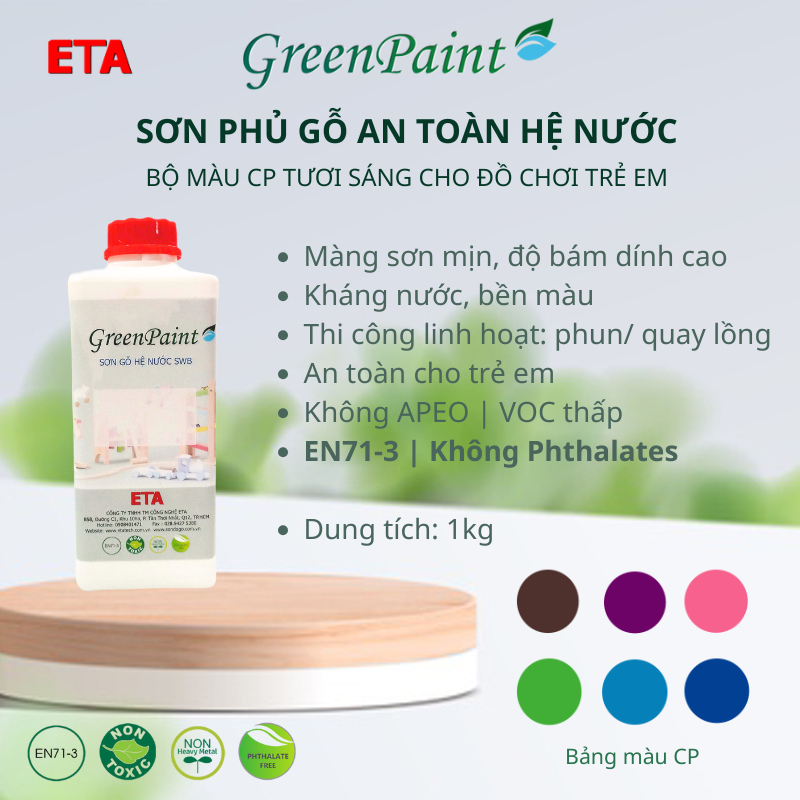 Sơn phủ màu đồ chơi gỗ ETA hệ nước – Bộ màu CP – An toàn EN71-3 – 1kg