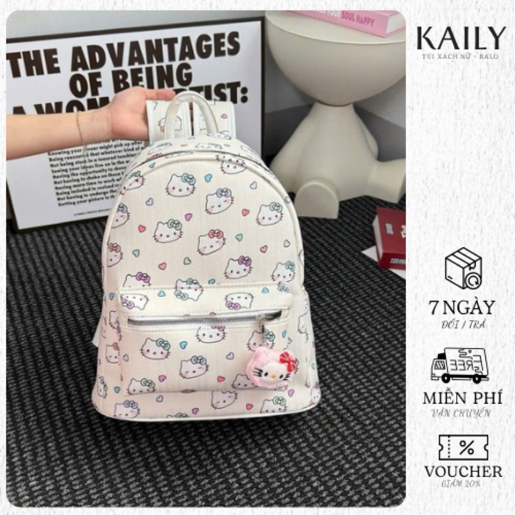 Balo đi học PETOFQ Hello Kitty, Ba lô du lịch sức chứa lớn PU Đựng Vừa A4 to 40 cm { Tặng Kèm Móc Khoá }