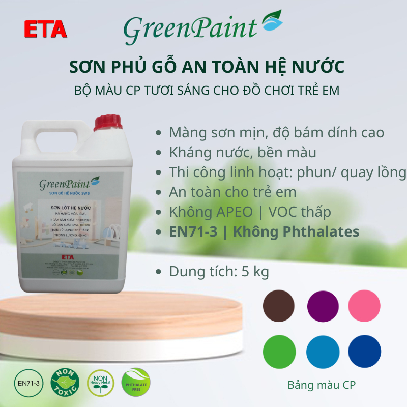 Sơn phủ màu đồ chơi gỗ ETA hệ nước – Bộ màu CP – An toàn EN71-3 – 5kg