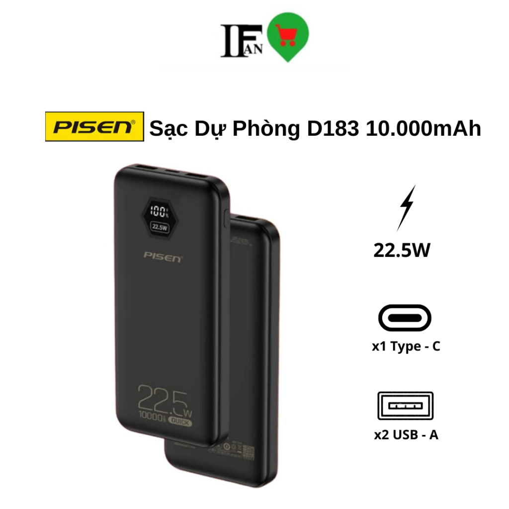 Pisen Sạc Dự Phòng D183 Quick Power Cube 22.5W (10.000mAh)  Chính Hãng