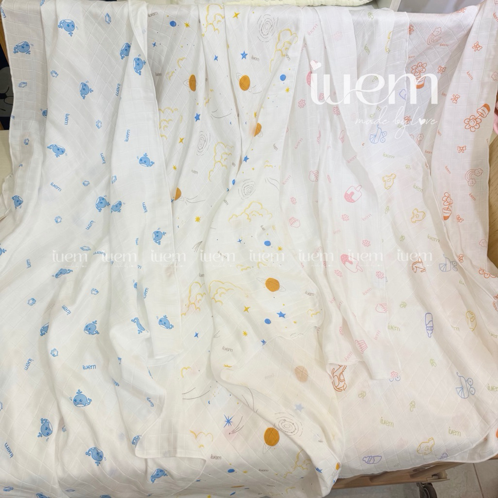 iuem khăn tắm sợi tre bamboo hoạ tiết dày 3 lớp cho bé từ sơ sinh, kt 90*95cm (+-2cm), mềm mại, thấm