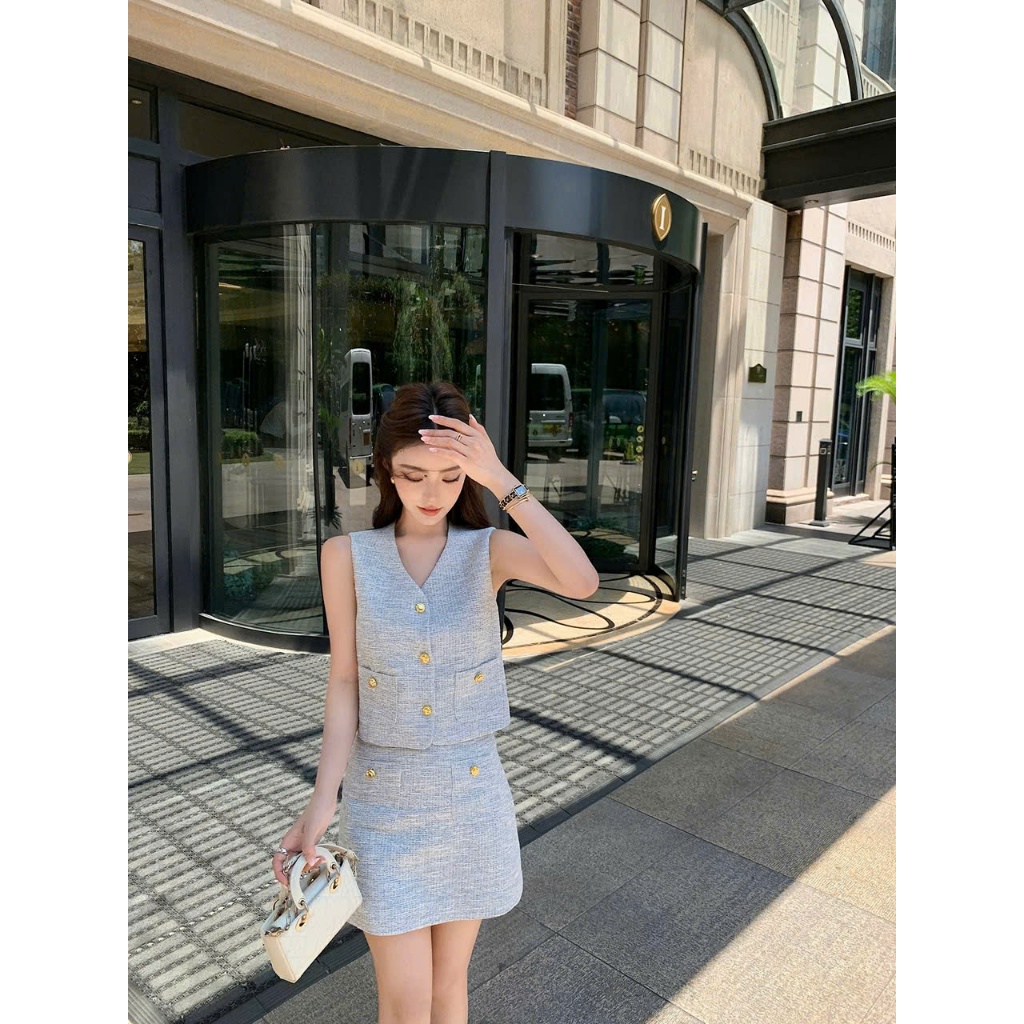 Set đồ nữ vest sát nách đen + chân váy ngắn HB.Studio S102