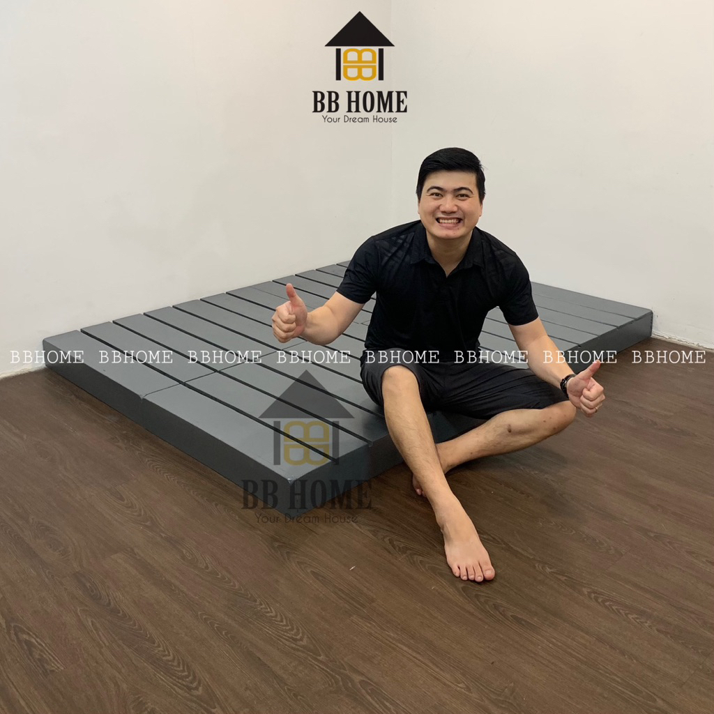 Giường pallet cao 12cm sơn xám ghi kiểu ốp viền kín cạnh ghép tấm BBHome