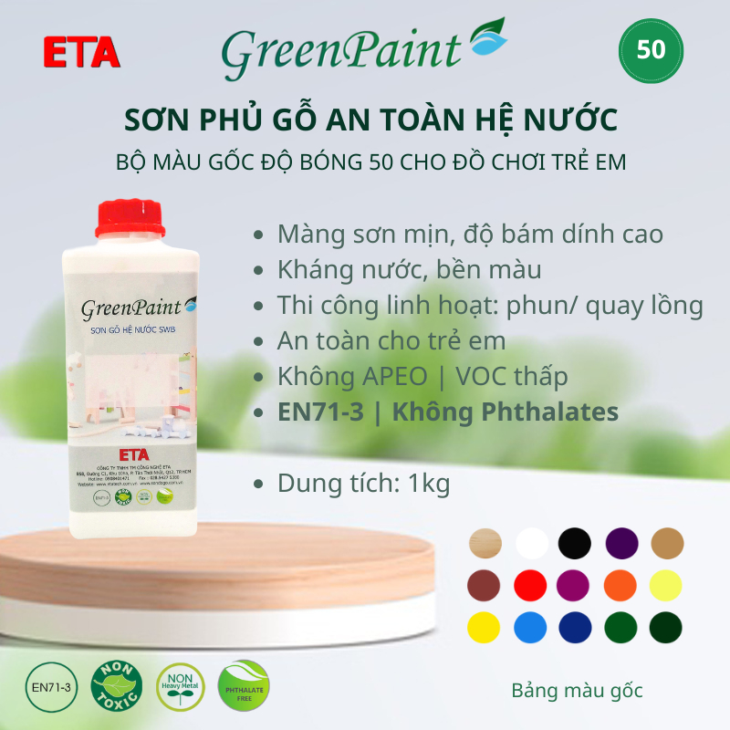 Sơn phủ màu đồ chơi gỗ ETA hệ nước – Bộ màu gốc – An toàn EN71-3 – 1kg - Độ bóng 50
