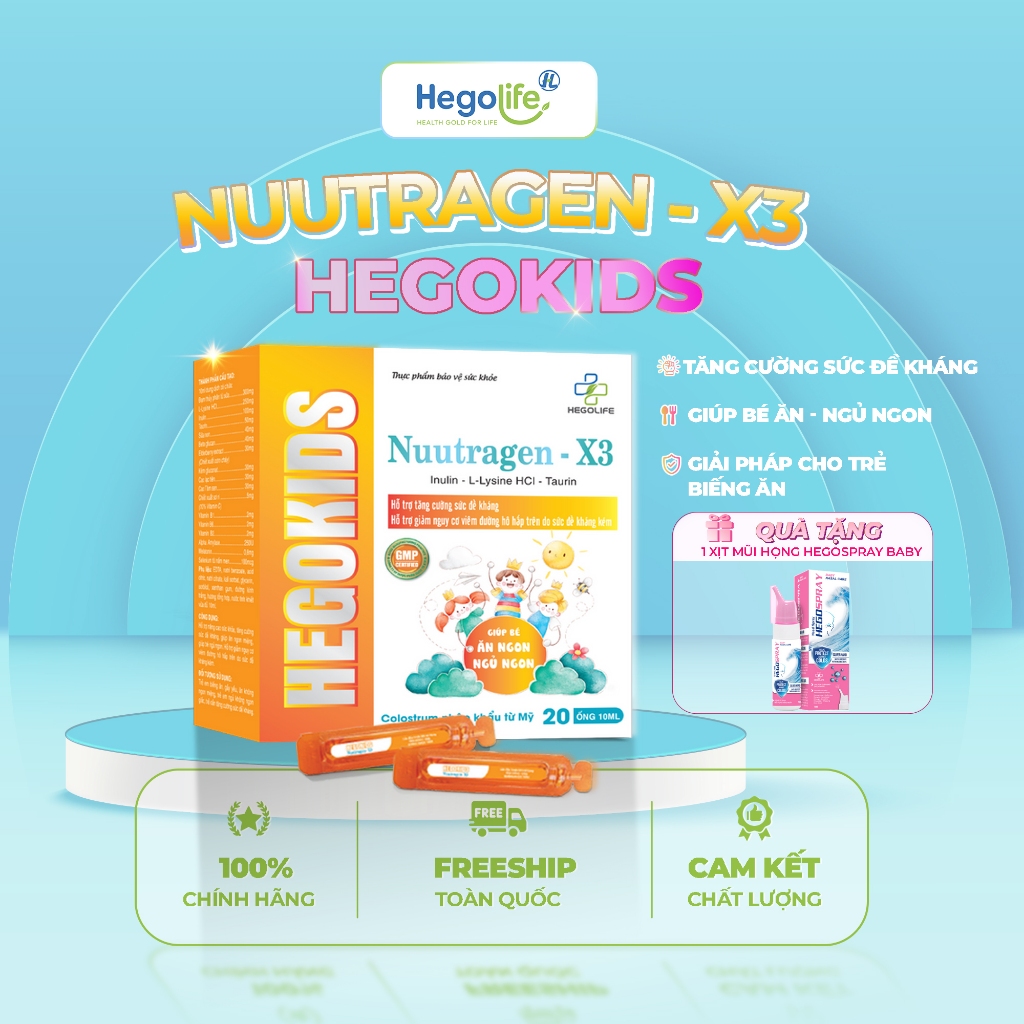 Siro Ăn Ngon HEGOKIDS NUUTRAGEN - X3 + Tặng kèm 1 Xịt mũi họng Baby Hỗ trợ giúp bé Ăn - Ngủ Ngon - T