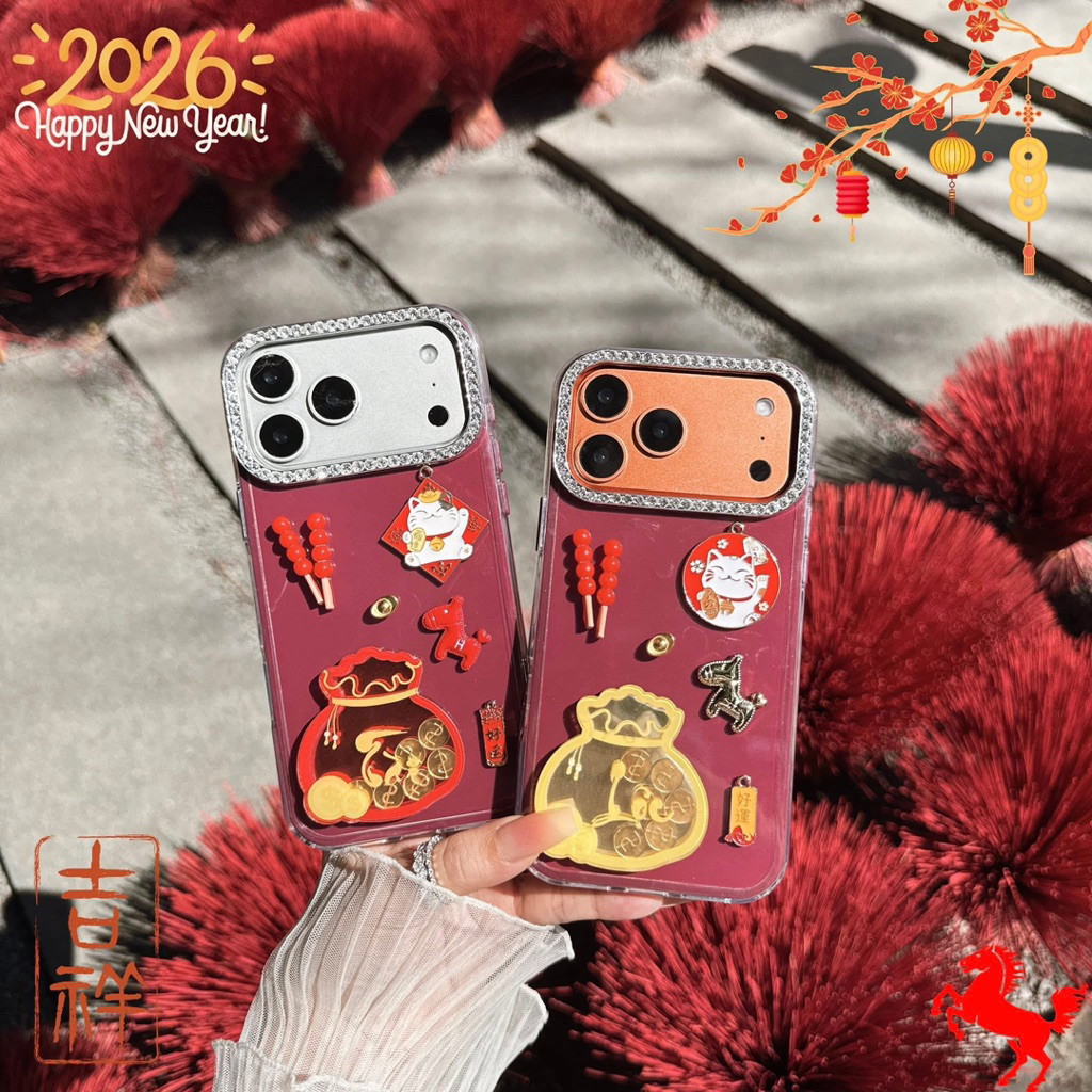ỐP IPHONE 2 LỚP VIỀN ĐÁ ĐỎ CHERY TÚI VÀNG ĐỎ TÀI LỘC