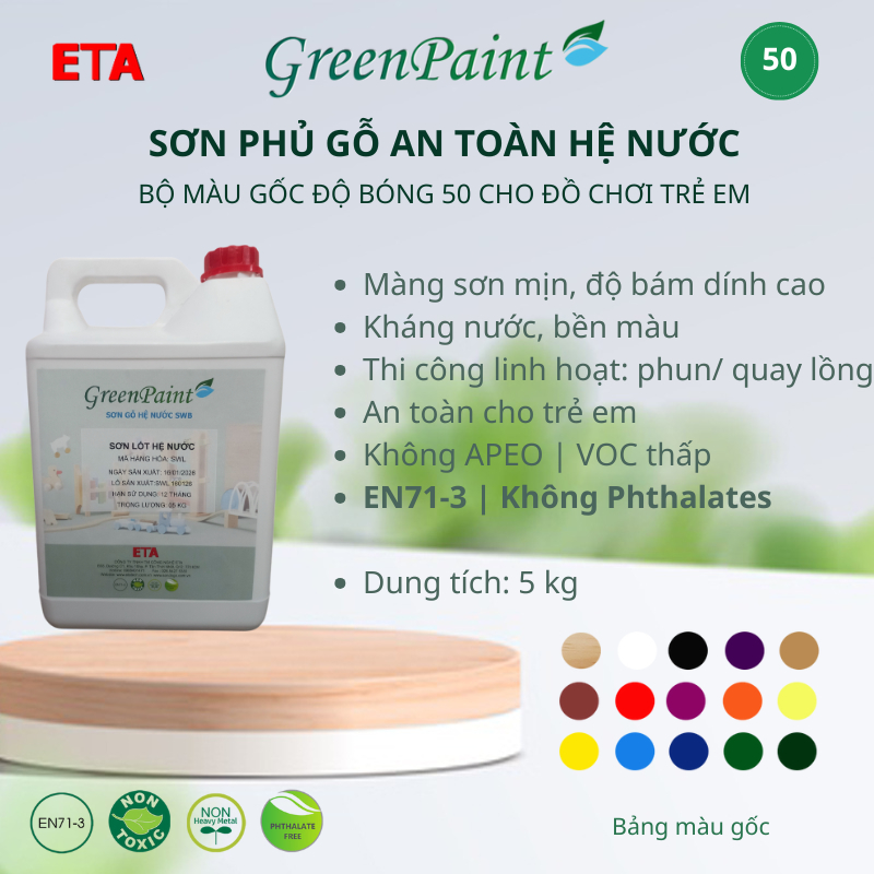 Sơn phủ màu đồ chơi gỗ ETA hệ nước – Bộ màu gốc – An toàn EN71-3 – 5kg - Độ bóng 50