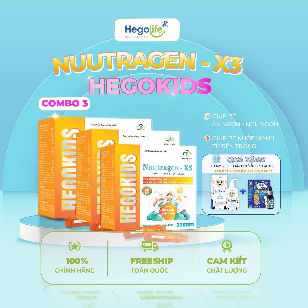 Combo 2 & Combo 3  Hộp Siro Ăn Ngon Hegokids Nuutragen - X3 + Tặng Tắm Gội Thảo Dược & Vitamin D3 & 