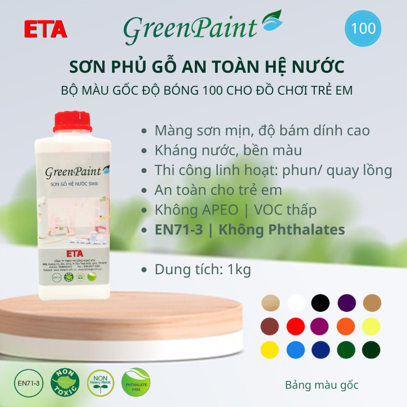 Sơn phủ màu đồ chơi gỗ ETA hệ nước – Bộ màu gốc – An toàn EN71-3 – 1 kg - Độ bóng 100