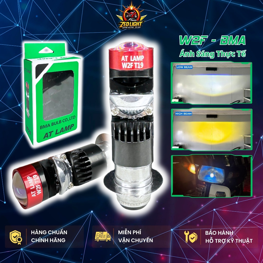 Đèn Pha Bi Cầu W2F AT BMA Chân M5 / T19 - Siêu Sáng, Cos Trắng Pha Vàng, Lắp Xe Máy Dream, Wave, Sir