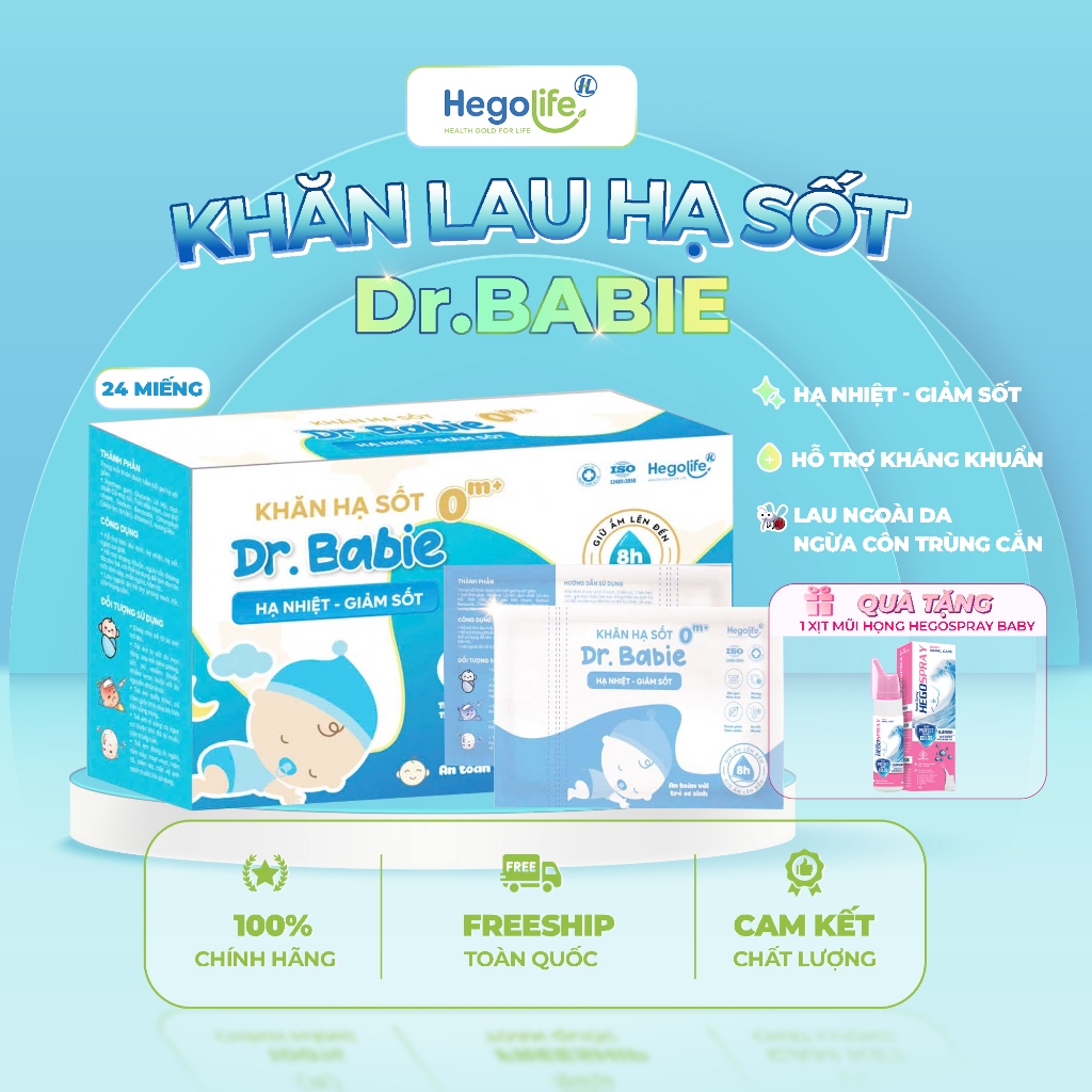 Khăn lau hạ sốt Dr.Babie + Tặng kèm 1 Xịt mũi họng Hegospray - Giúp bé Hạ nhiệt nhanh chóng - PH trẻ