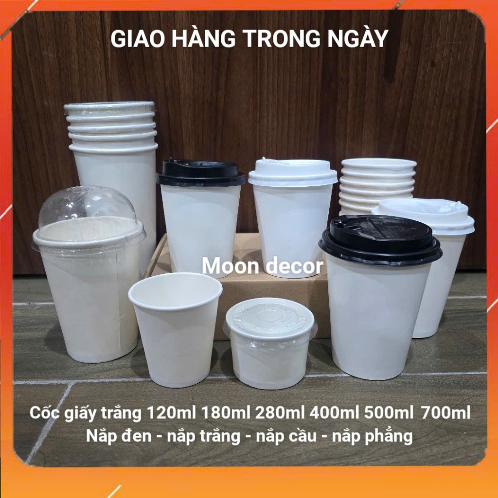 Sỉ 50 Cốc giấy trắng trơn đựng cafe 120ml 180ml 280ml 400ml 500ml 700ml có nắp Ly giấy cafe take awa