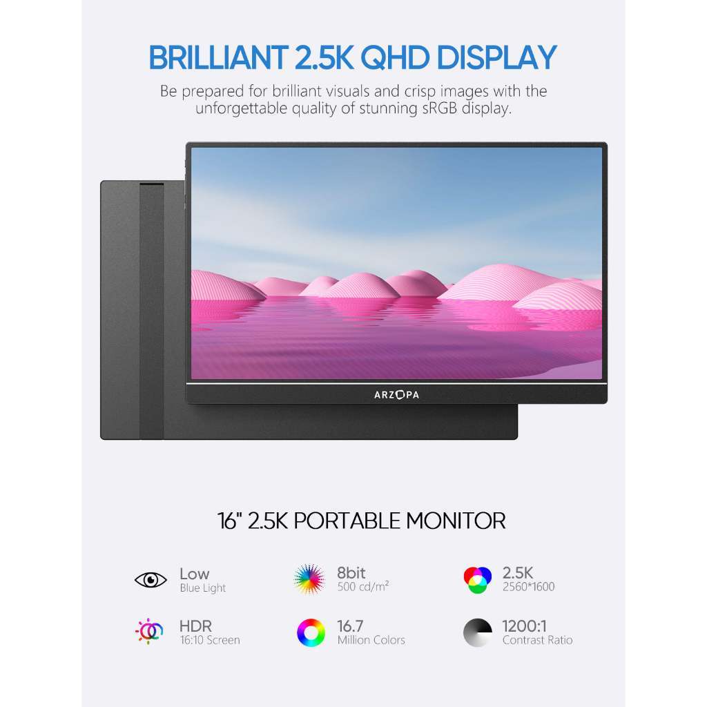 [CHÍNH HÃNG] Màn hình xách tay di động ARZOPA Z1RC 16" 60Hz 2.5K IPS HDR 500nits 8bit QHD sử dụng cho PC, Laptop | BigBuy360 - bigbuy360.vn