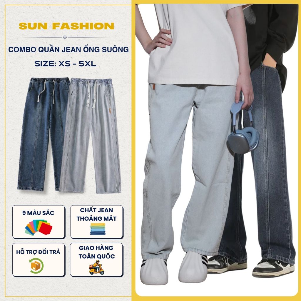 [COMBO 2 quần jean mã 03+N9] Quần jean nam nữ ống rộng cạp chun SUN cạp chun co giãn, dễ mặc