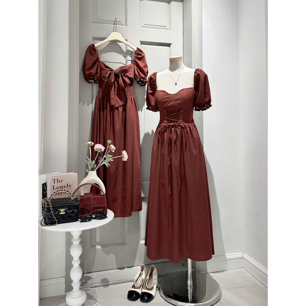 Đầm midi thắt nơ lưng đan dây bụng FOR HER CLOTHING màu nâu
