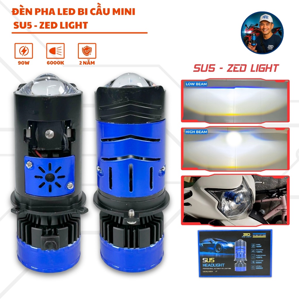 Đèn Pha Bi Cầu SU5 ZED LIGHT - 90W Bản Cao Cấp Siêu Sáng Lắp Vào Pha Xe Máy Và Oto Chân Đèn H4