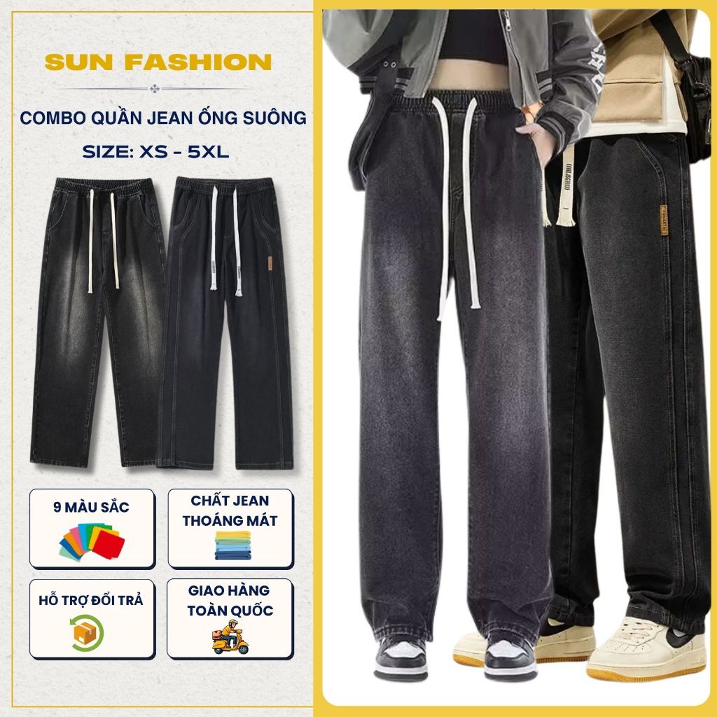 [COMBO 2 quần jean mã 09+N9] Quần jean nam nữ ống rộng cạp chun SUN màu sắc đa dạng quần jean form r