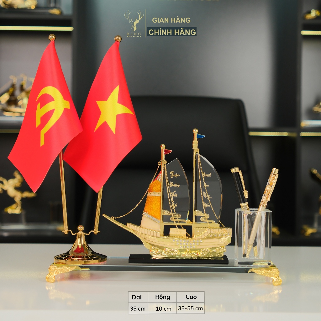 Ống Cắm Bút, Hộp Bút Doanh Nhân Thuyền Buồm Đính Đá 2 cột - Quà tặng Đồng Mạ Vàng 24K kết hợp Pha Lê