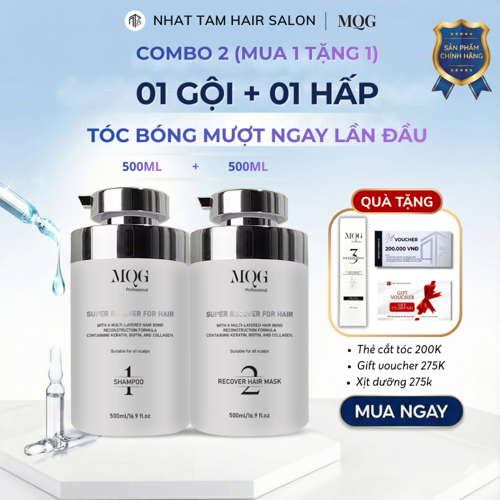 (COMBO 2) MQG Combo Gội Hấp tặng Xịt Dưỡng Tóc Phục Hồi – Dưỡng Ẩm, Giảm Gãy Rụng, Bóng Mượt Chuẩn Salon